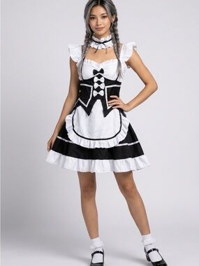 2157 - Black & White Ruffled Maid Dress